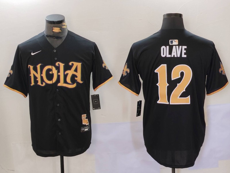 Men's New Orleans Saints #12 Chris Olave Black Cool Base Stitched Baseball Jersey